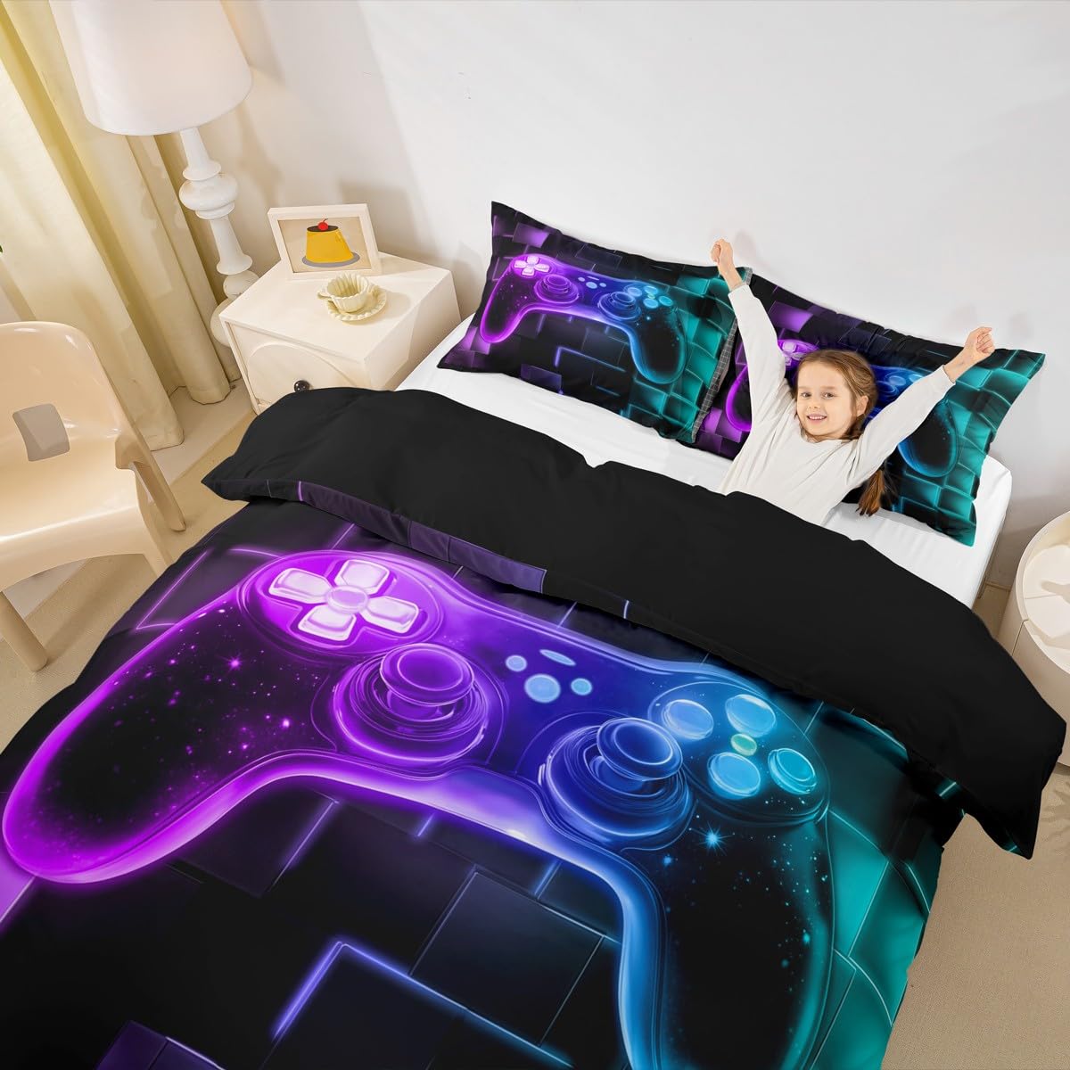 Homewish - Juego de funda nórdica infantil de 200 x 200 juegos, juego de cama para adolescentes, juegos de funda nórdica, diseño de galaxia, mando de videojuegos, cubrecama, cuadrícula geométrica