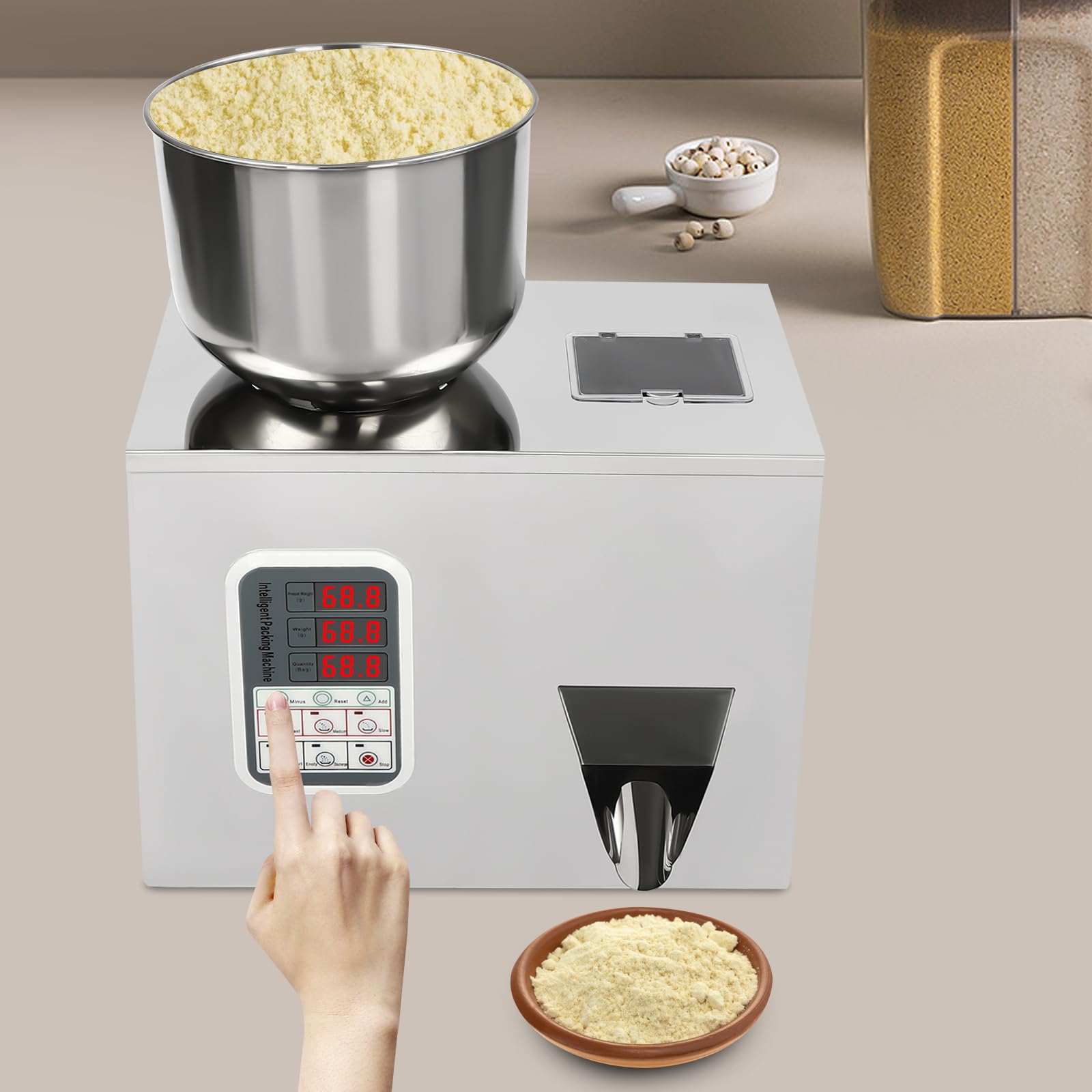 LyeXD Stainless Steel Filling Machine, 1-100g Auto Packing & Filling Machine Grain Particle Dispenser with Display&Wrench, Multifunctional Particle Weighing Automatic Filler for Tea Seeds Grains