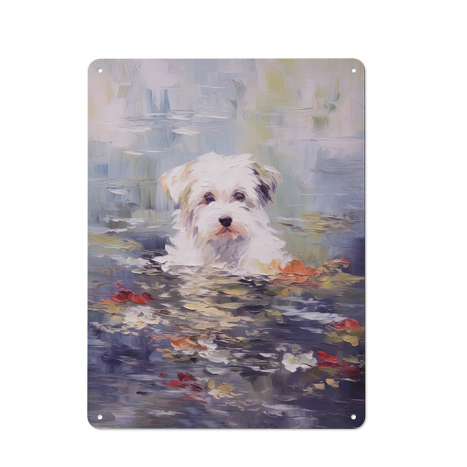 Junmoney Monet Dog Waterlilies Art Rustic Tin Wall Plaque 40X30cm For Living Room Wall, For Kitchen, Dining Room And Home Bar Wall Decor