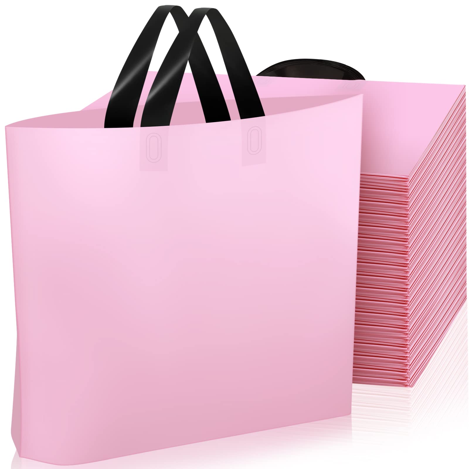 Geyee 100 Pack 16 x 12 Inch Valentines Pink Plastic Shopping Bags for Small Business Boutique Merchandise, Pink Retail Shopping Bags Bulk with Handles
