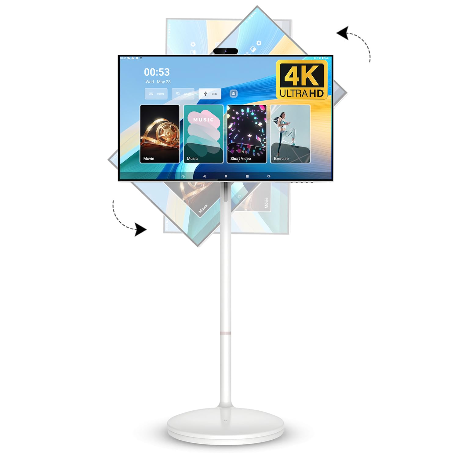 kumezo 32 Inch 4K Smart Portable TV, Qualcomm CPU, EDLA-Certified, Built-in 20000mAh Battery, 8+128GB, Android OS, Rolling Touch Screen Monitor on Wheels, Air Remote Mouse, with 5MP Webcam