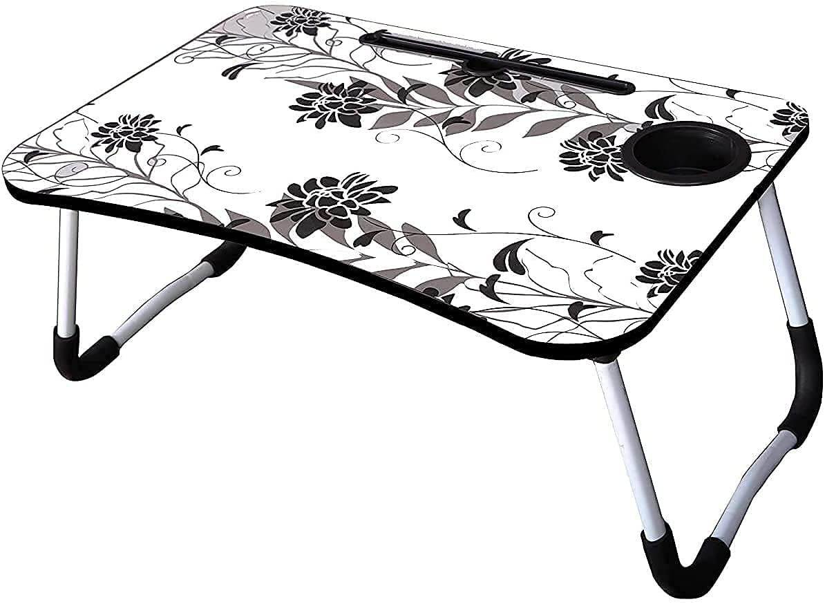 D&G ONLINE® Foldable Laptop Table with Cup Holder, Study Table, Bed Table, Breakfast Table, Foldable & Portable (White Flower)
