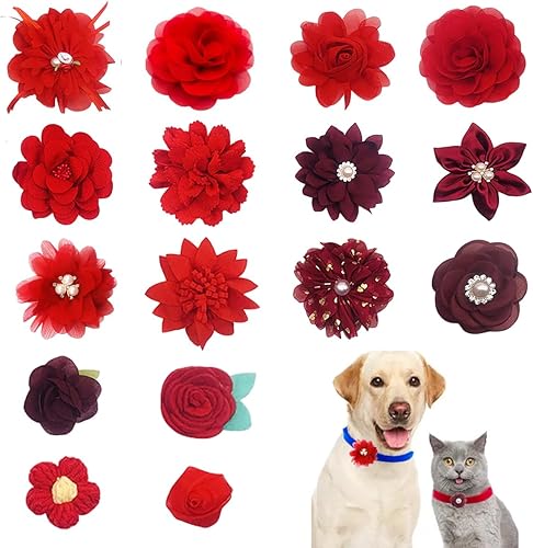 BIPY 16pcs Dog Collar Flowers & Bows - Rhinestone & Pearl Charms, Elastic Band, For Small Pets, Parties, Weddings