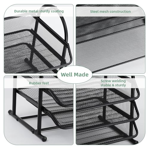 3 Tier Letter Tray Organizer Metal Storage Compartments, Office Drawers, Document tray, A4 Mesh Drawer Organiser for Office Home and School, Black - Image 4
