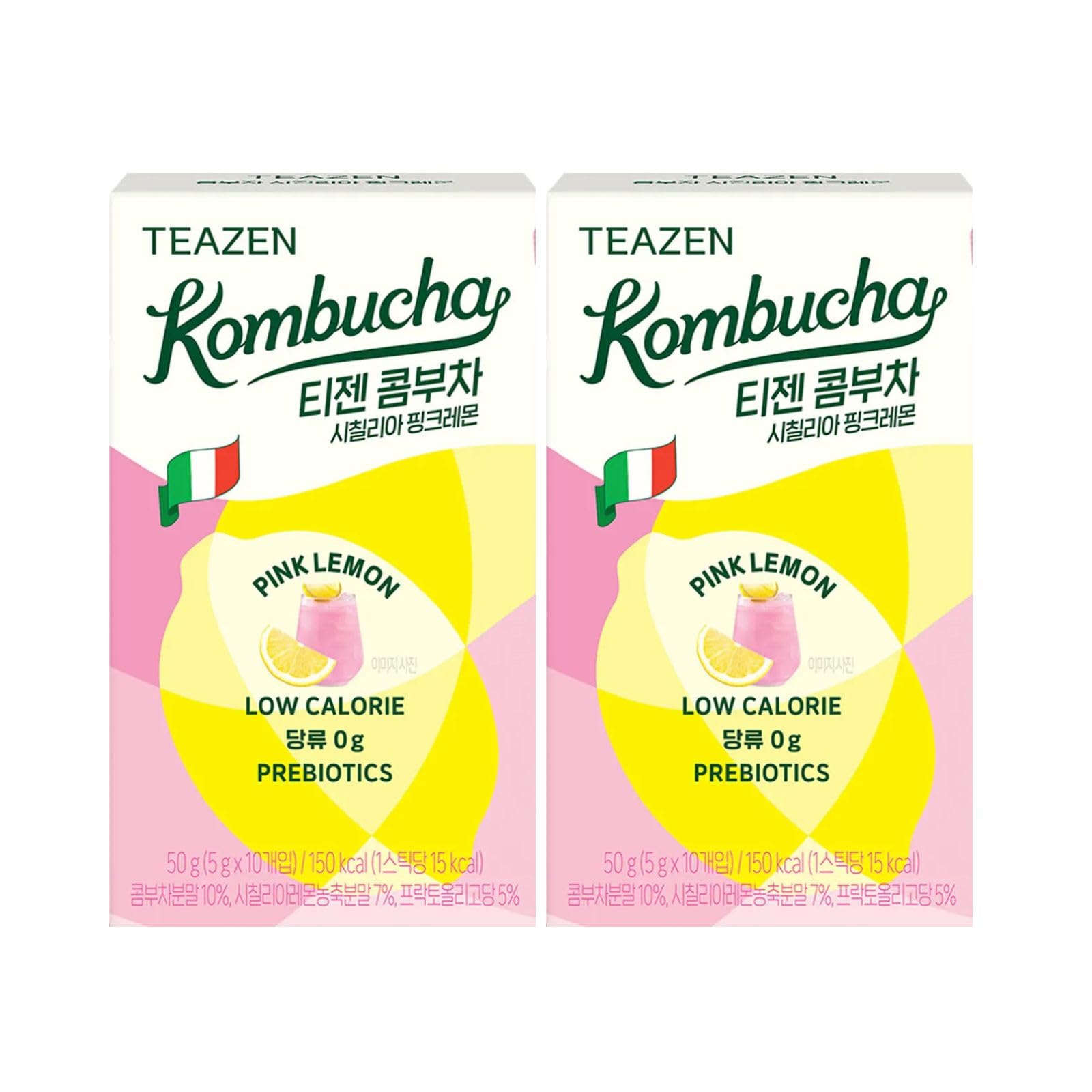 Kombucha Sicilian Pink Lemon Drink Powder – 10 Sticks x 2 Boxes (20 Sticks Total) | Zero Sugar, 15 kcal per Stick | Made in Korea