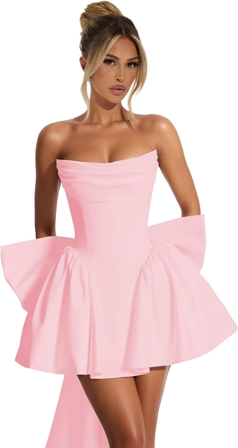 Strapless Homecoming Dresses with Bow Short Satin Prom Dress A Line Cocktail Party Gowns