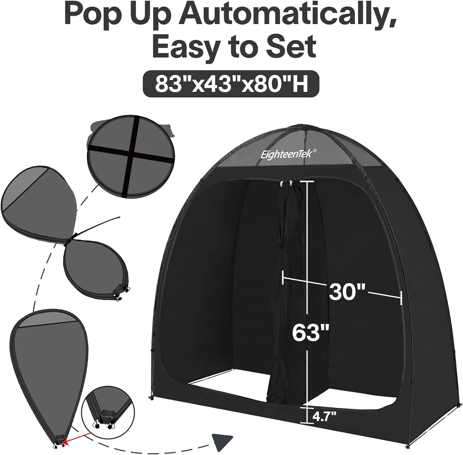 EighteenTek Pop Up Shower Tent Changing Room with Two Rooms - Portable Privacy Dressing Shelter for Outdoor Camping, Events - 83"x43"x80"H