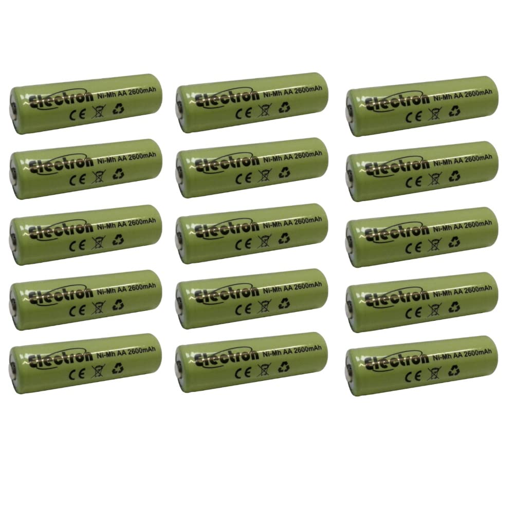 Lot de 15 piles rechargeables Ni-Mh AA 1,2 V 2600 mAh 2600 mAh haute capacité accumulateur mignon 50 x 14 mm
