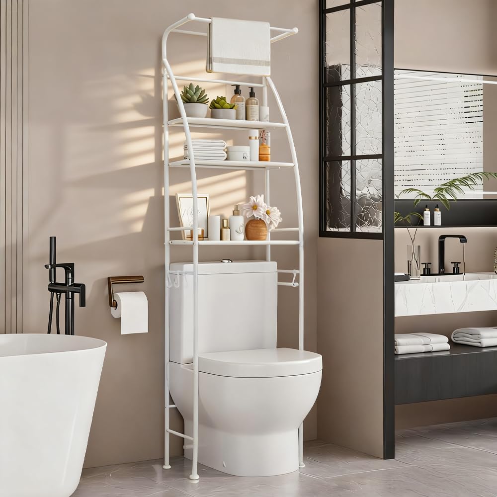 OSLIFE Estante para Baño sobre Inodoro, Estante Organizador Baño De 3 Niveles con Ganchos y Portarrollos, Estantería para Baño de Metal con Toallero