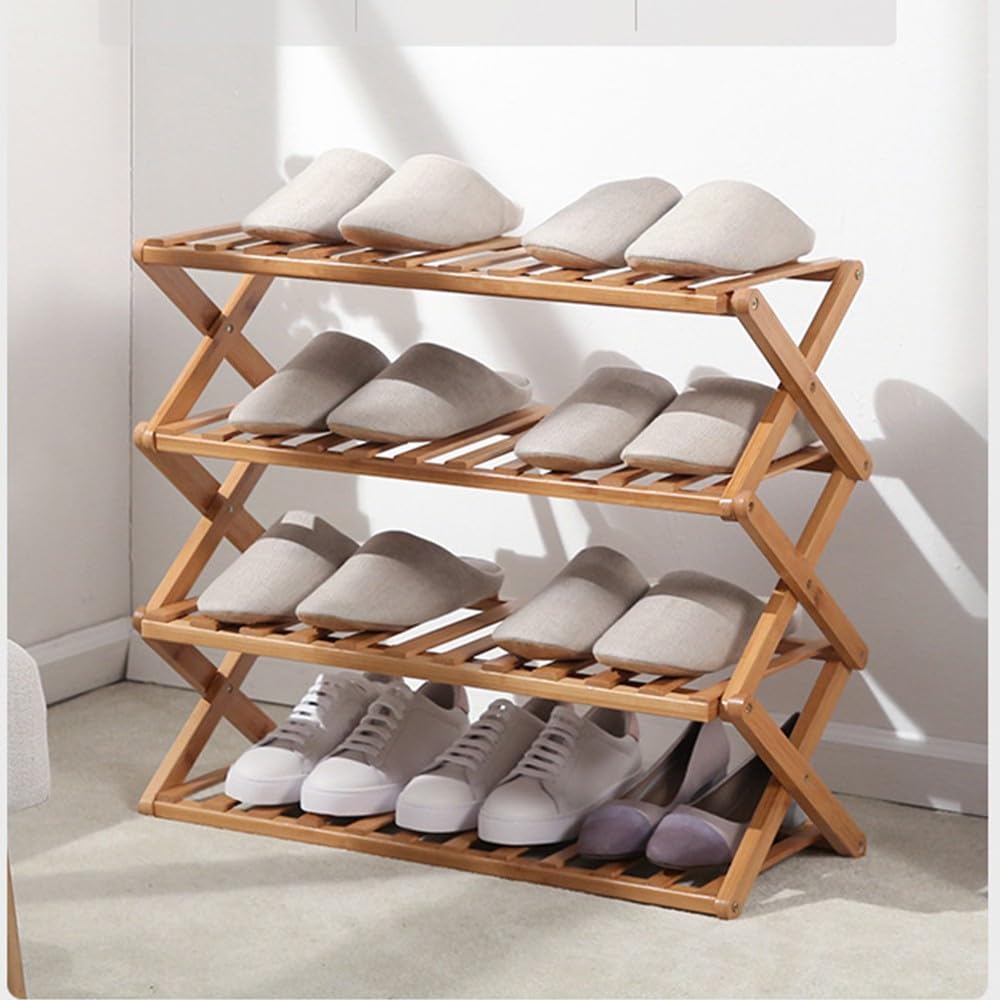 Bambus Schuhregal Organizer 4 Ebenen,Faltbares Schuhregal,Schuhorganizer Offenes Regal Klappbar,Freistehendes Schuhregal,FüR Schrank Eingang Badezimmer Wohnzimmer Camping