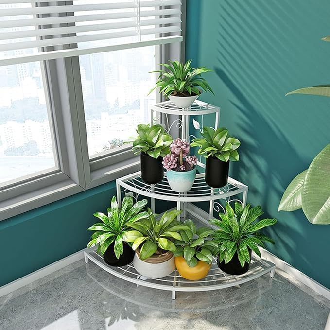 Image of NAYAB 3 Tier Metal Plant Stand, Stair-Step Style Display Ladder | Corner Shelf Metal Flower Pot Rack for Garden Balcony Indoor Outdoor (Ivory)