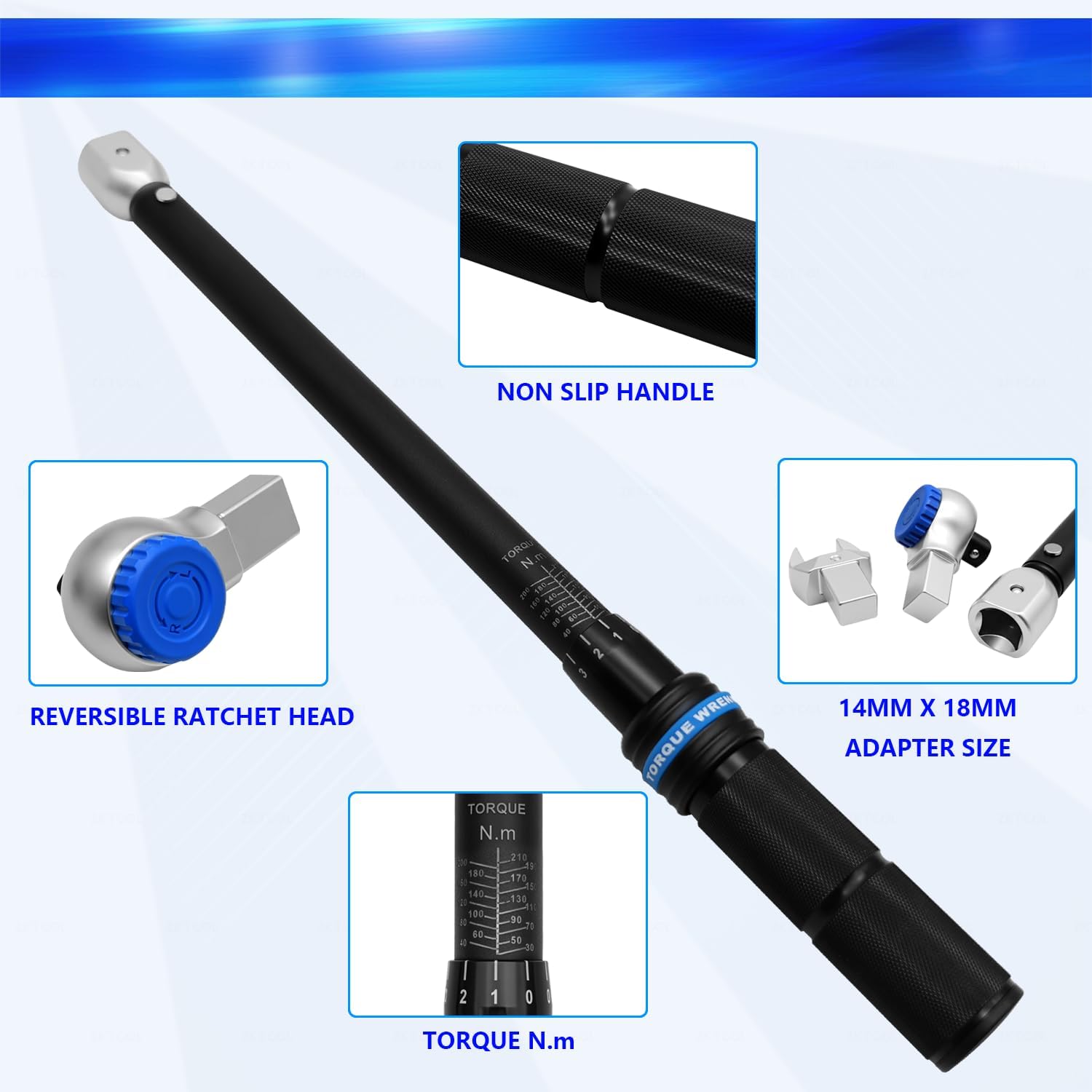 12PCS Open End Interchangeable Torque Wrench Set, 1/2-Inch Drive 22.1-155 ft.-lb (30-210 Nm) 72 Teeth Dual-Direction ±3% Accuracy With 13-30MM Interchangeable Open End Adapters