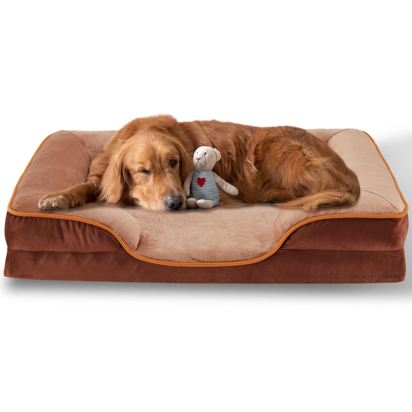 FluffyDream 42 inch Memory Egg-Crate Foam Dog Bed, Orthopedic Pet Couch Bed with Washable Removable Cover, Brown