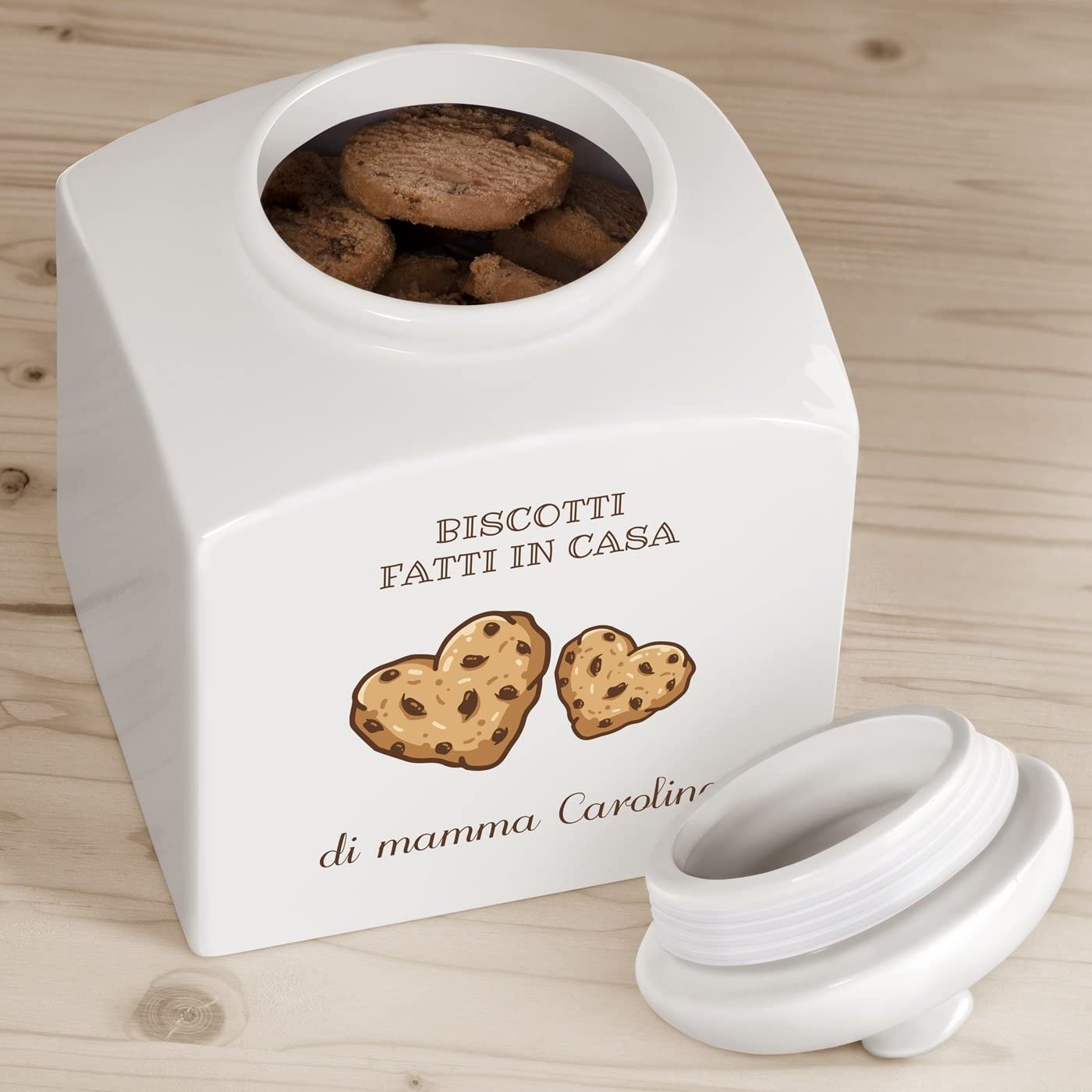 Maverton Biscottiera in ceramica - stampa personalizzata - barattolo da cucina 3 L - protezione ermetica del barattolo per dolci - pensiero speciale per la donna - regalo di Natale - due cuori