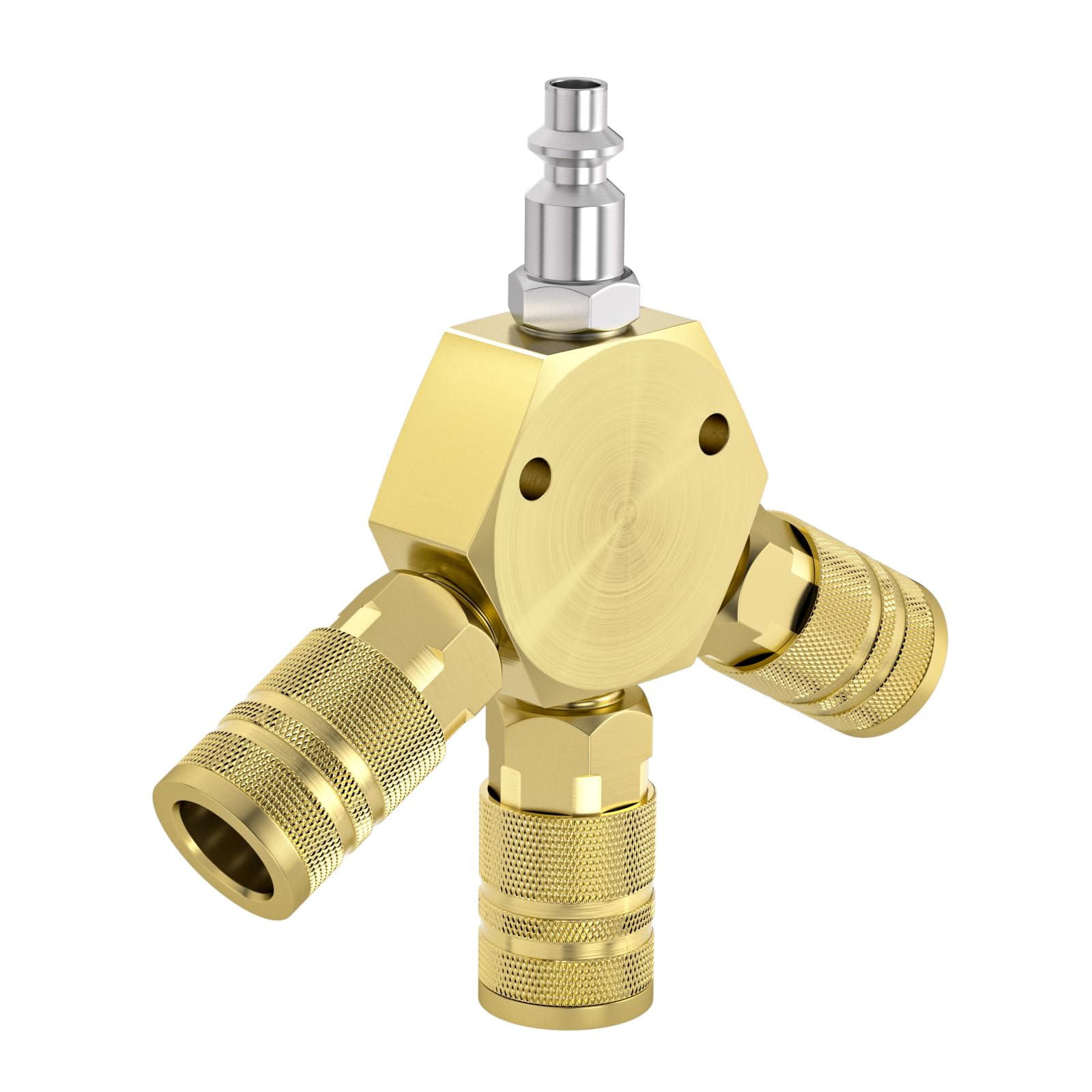 GASHER 1/4" basic body size Aluminum Hex Style 3-Way Air Manifold with 3 Pieces Steel Industrial Coupler and Plug, Air Compressor manifold Hose