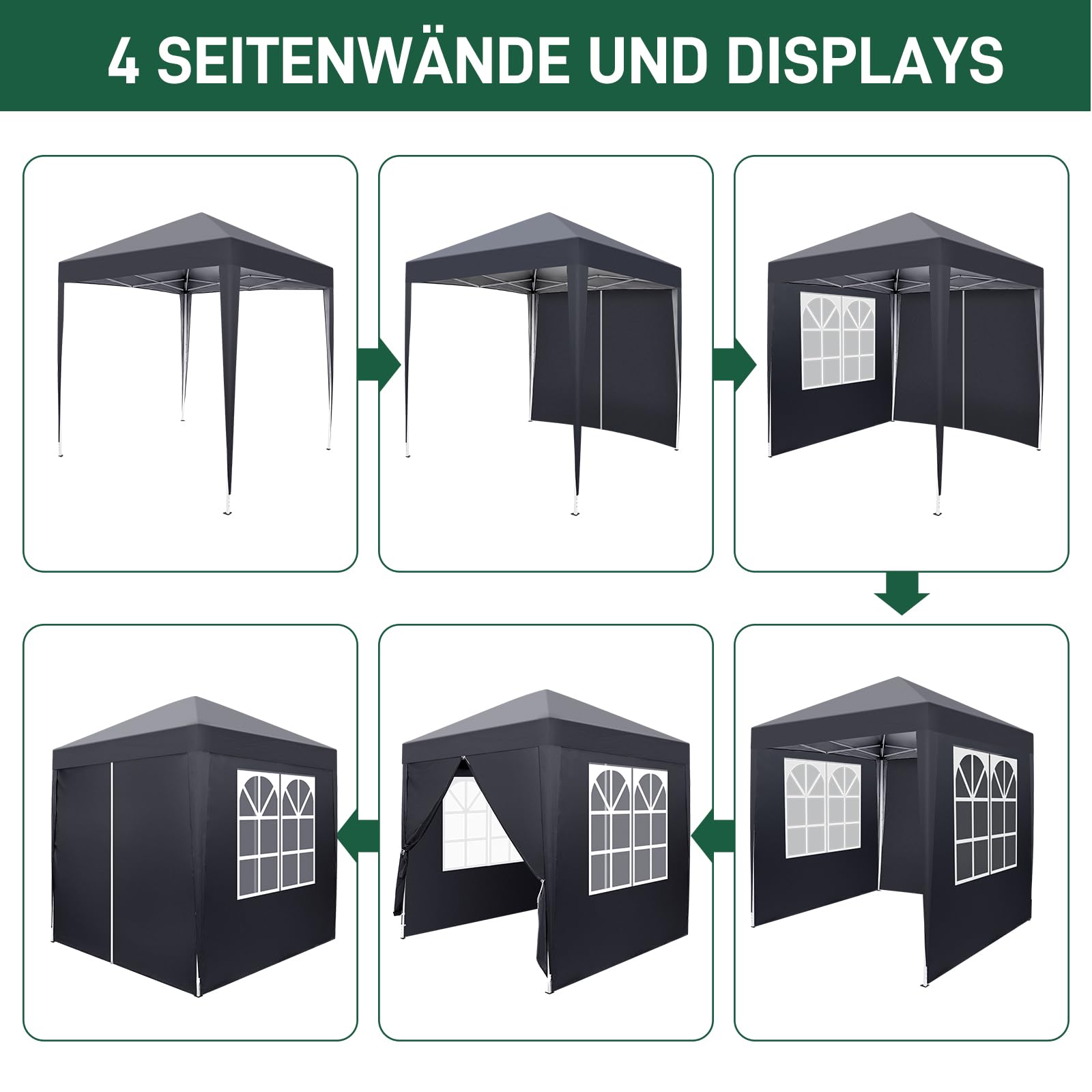 Pavillon 2x2 m,Faltpavillon,Wasserdicht Stabil Winterfest UV Schutz 50+,420D Oxford,Faltbar Höhenverstellbar,Partyzelt,Gartenzelt,Für Garten Camping,Outdoor,Grau,4 Seitenteilen