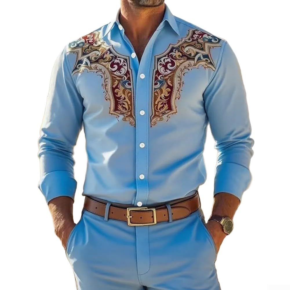 Camicia da uomo con motivo floreale retrò e colletto con risvolto e maniche lunghe elasticizzate, camicia casual adatta per l'uso quotidiano e per le feste