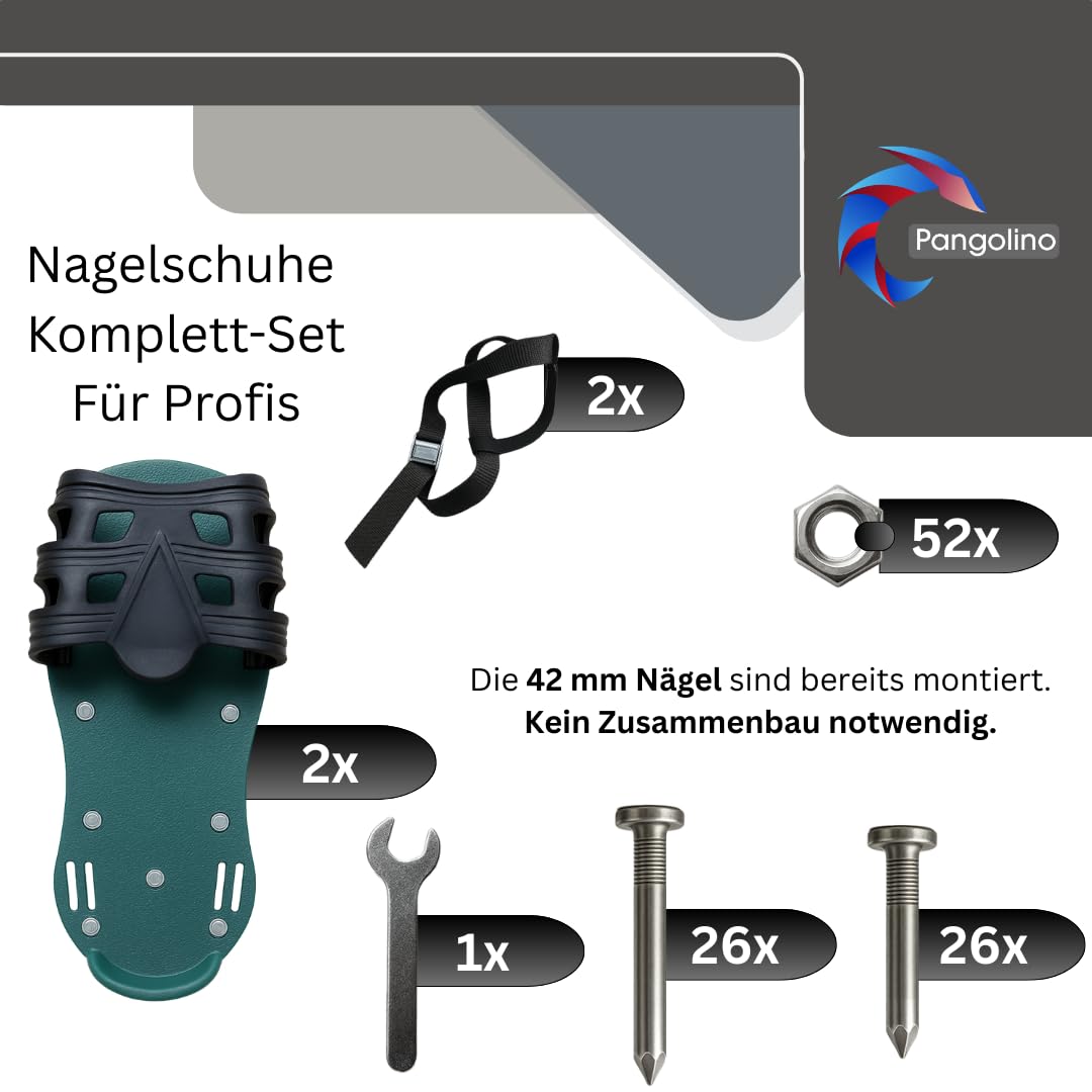 Pangolino Profi Nagelschuhe fertig montiert - Nagelsohle für Rasenlüfter & Estrich mit TPE-Riemenfixierung | Vormontiert inkl. 42mm & 60mm Nägeln (Gr. 37-48)