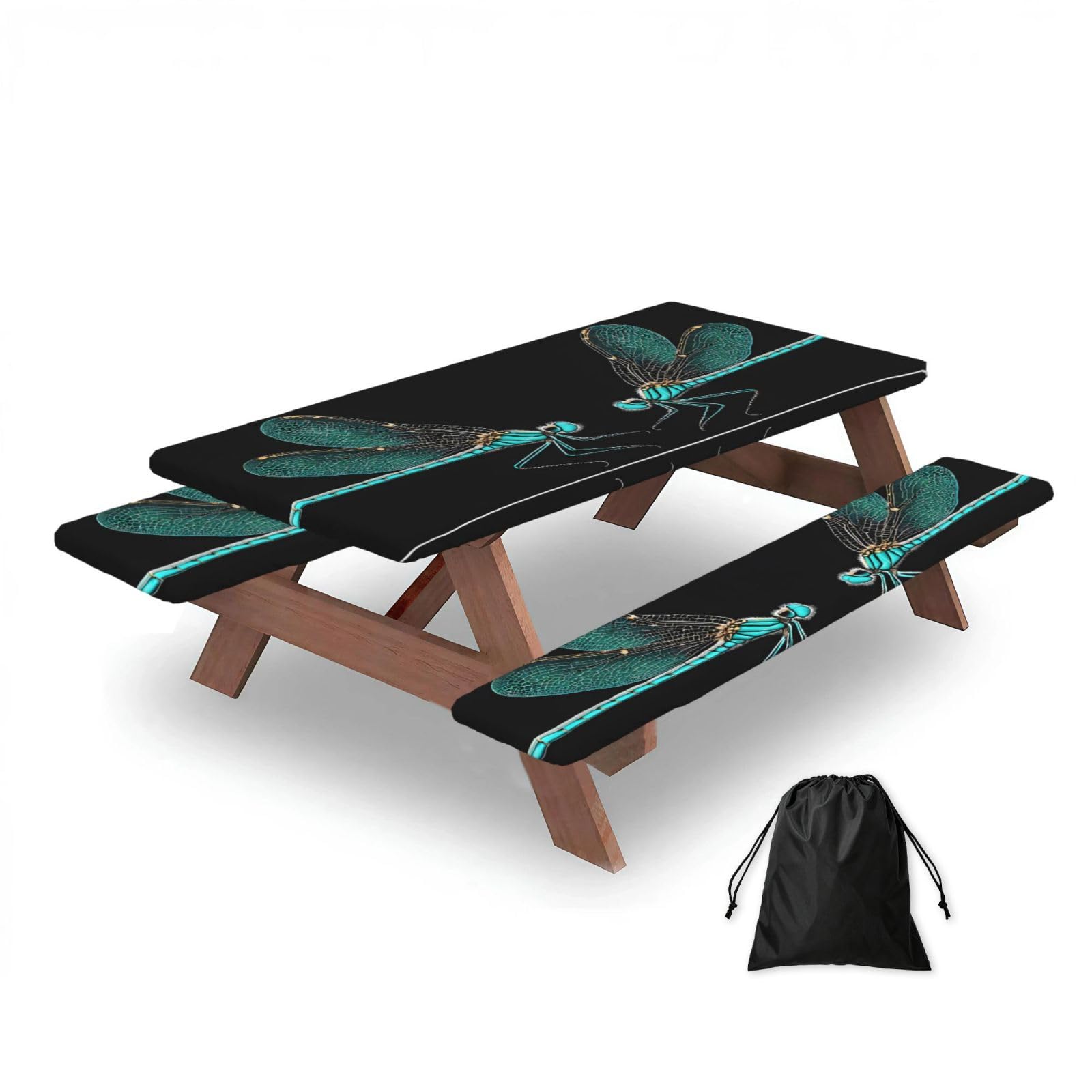 ESNAIUVCD Dragonfly Black Print Picnic Table Cover With Bench Covers,Camping Essentials,Fitted Tablecloth Cover With Elastic Edge, For Indoor & Outdoor 3 Pcs