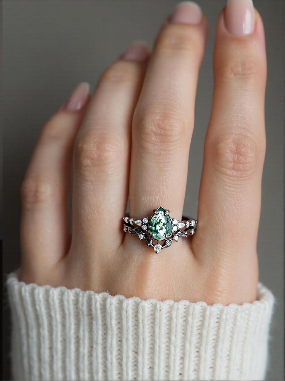 Kite/Pear Cut Vintage Nature Moss Agate Engagement Ring Sets for Women Art Deco Green Agate Bridal Ring S925 Silver Black Plated Inspired Promise Wedding Band