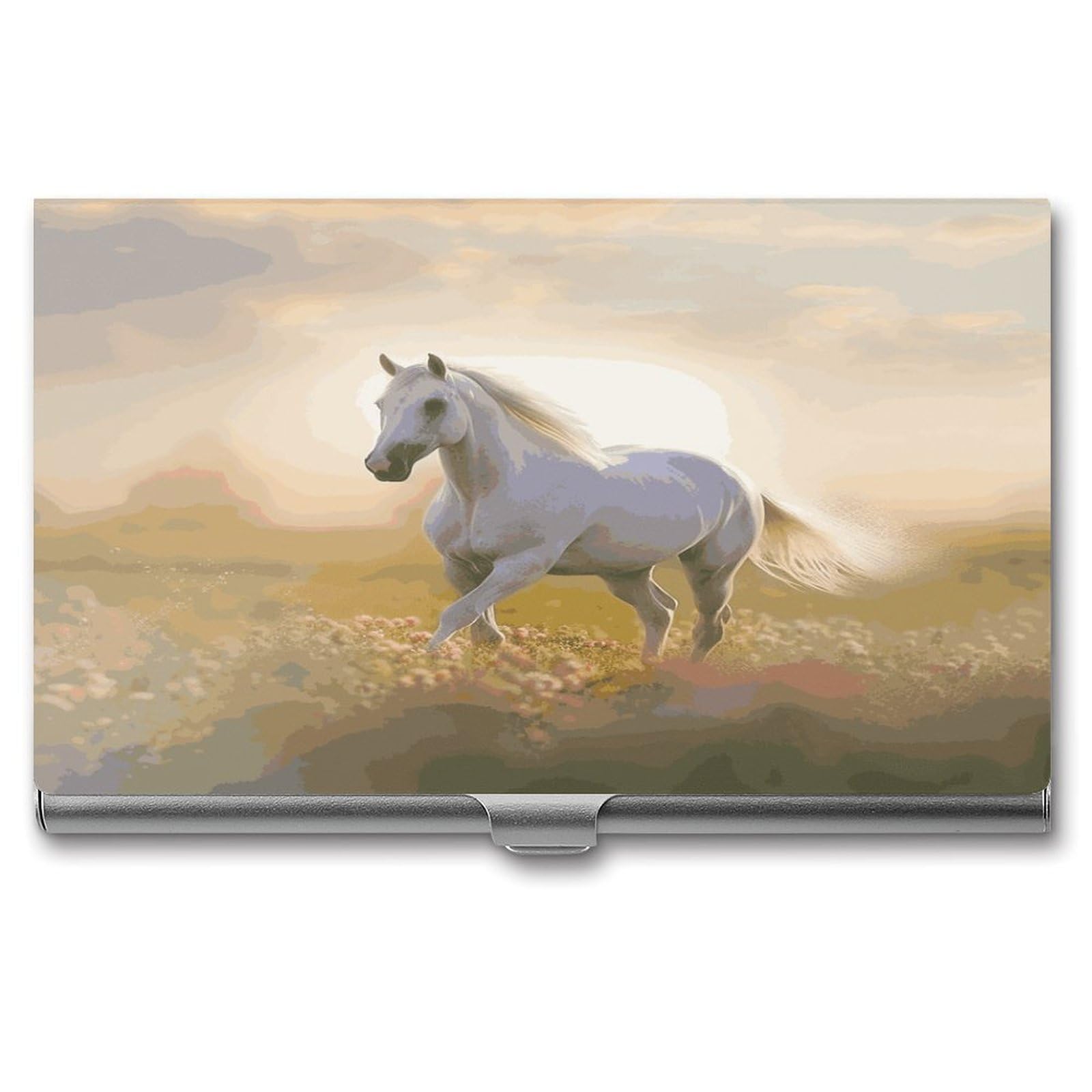 FekiLoot White Horse Running in The Field Business Card Holder for Men Women Metal Slim Organizer Business Card Carrier Wallet Name Cards Holder Retro Slim Pocket Purse Small Portable Card Case