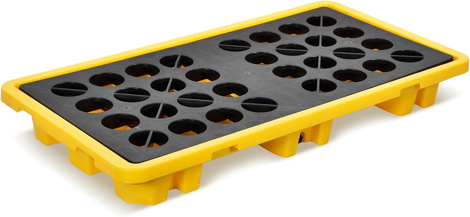 2 Drum Spill Platforms, 5000 Lbs Spill Containment Platforms with Grating Stackable Modular Platfor with Drain Outlet Modular Platfor Pallets Spills Containment Tray (Yellow,51.2 X 26.8 X 6 Inches)