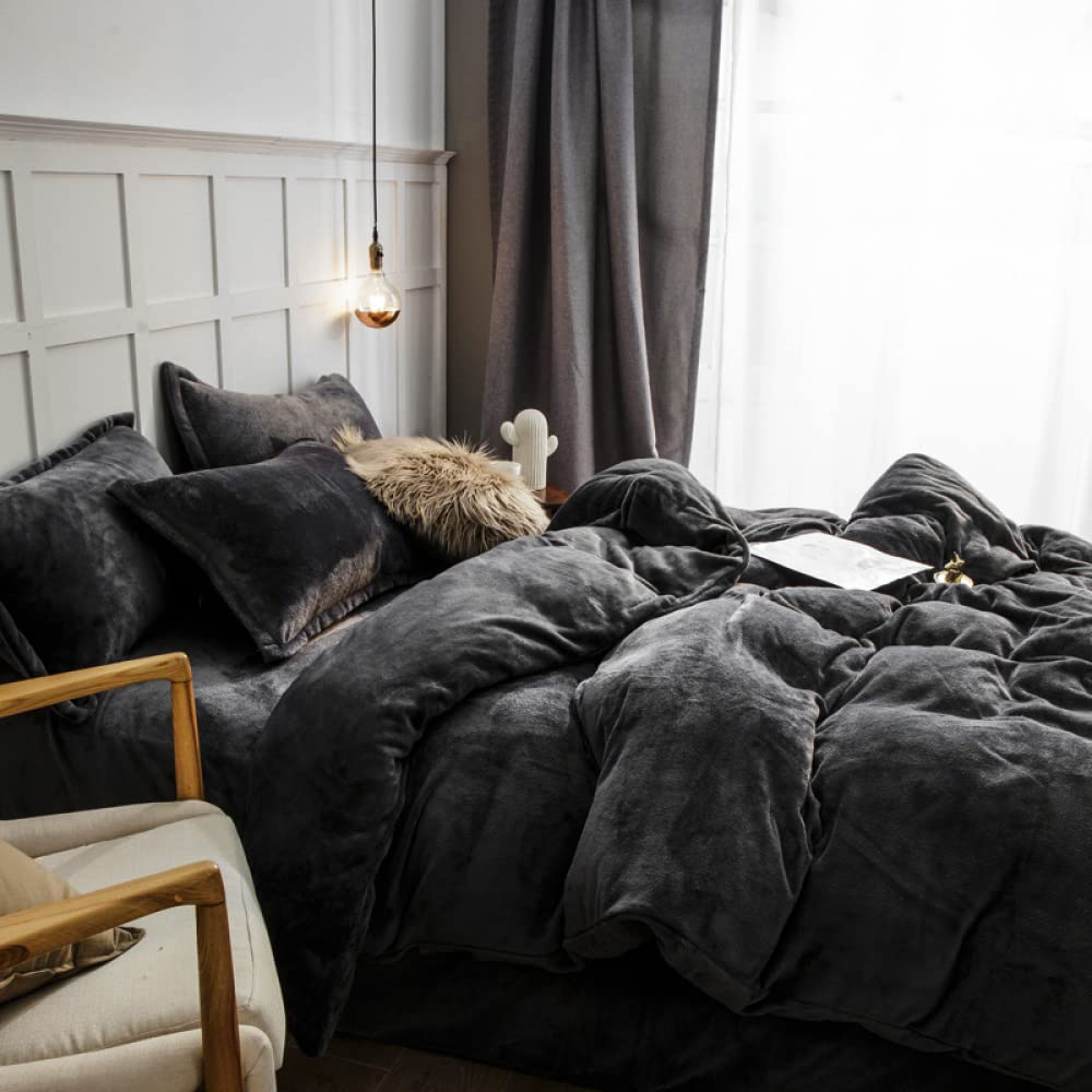 Omela Winter Bettwäsche 155x220cm Warm Fleece Plüsch Bettbezug Dunkelgrau
