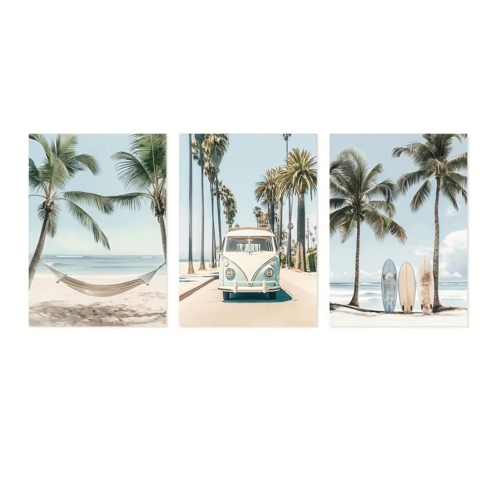 AEFOUU 3pcs Tropical Surfboard Wall Art,Beach Photo Poster,Ocean Palm Tree Print,Blue Wall Art Summer Decoration(40x50cm/16x20in/Internal Frame)