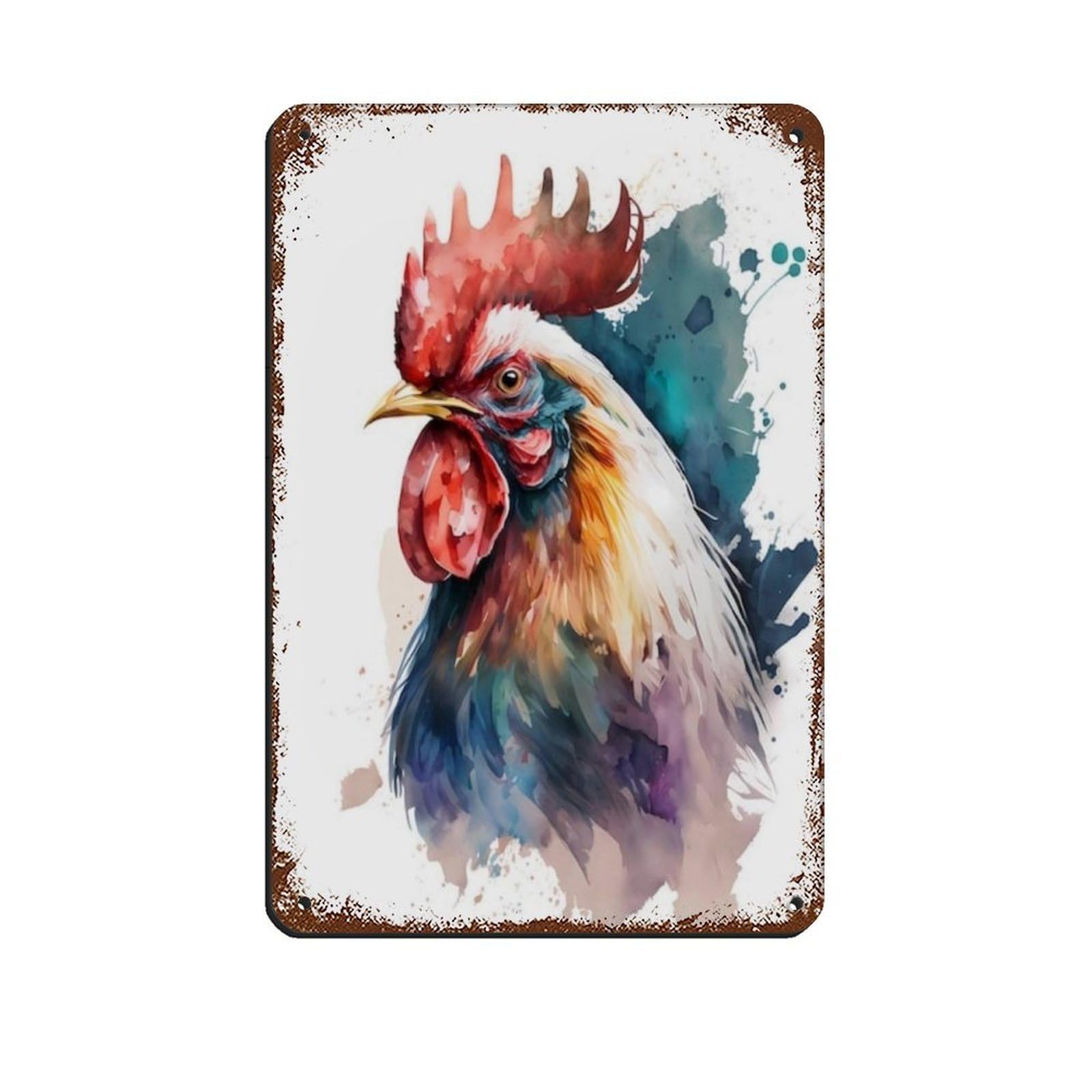 Lxwnze 20L X 30W Cm Watercolor Rooster, Animal Painting Colorful Retro Poster Metal Tin Sign Chic Art Retro Iron Painting Bar People Cave Cafe Family Garage Poster Wall Decoration 8X12inch(20X30cm)