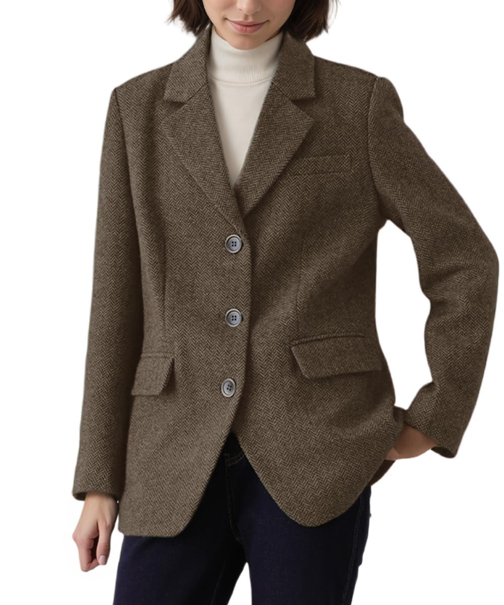 Vintage Herringbone Blazer for Women Retro Womens Casual Suit Jacket Winter Tweed Business Coat for Work