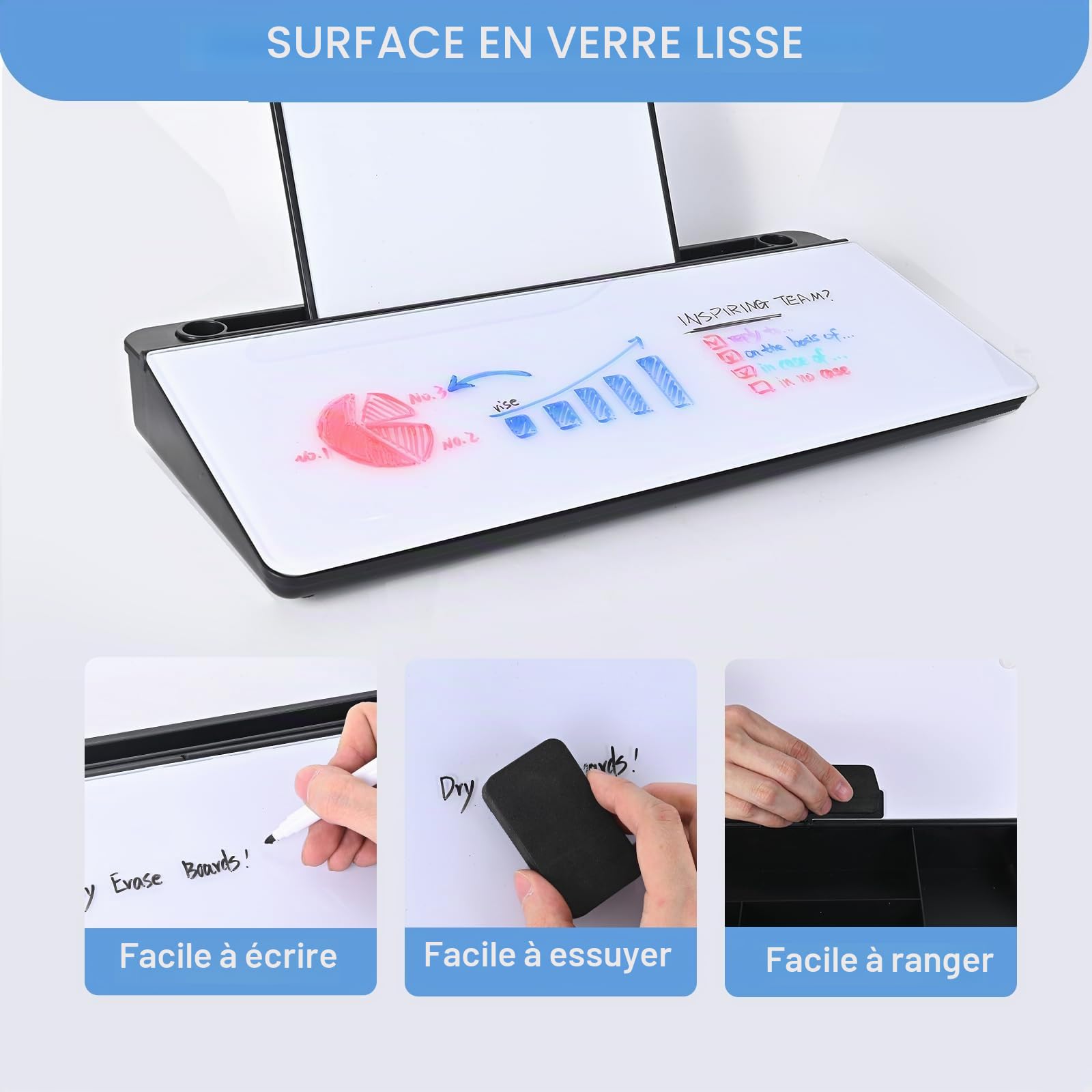 Hivexagon Tableau blanc de bureau avec 4 compartiments pour téléphone et tablette + mini tableau blanc magnétique supplémentaire et accessoires, parfait pour les mémos et listes de choses à faire