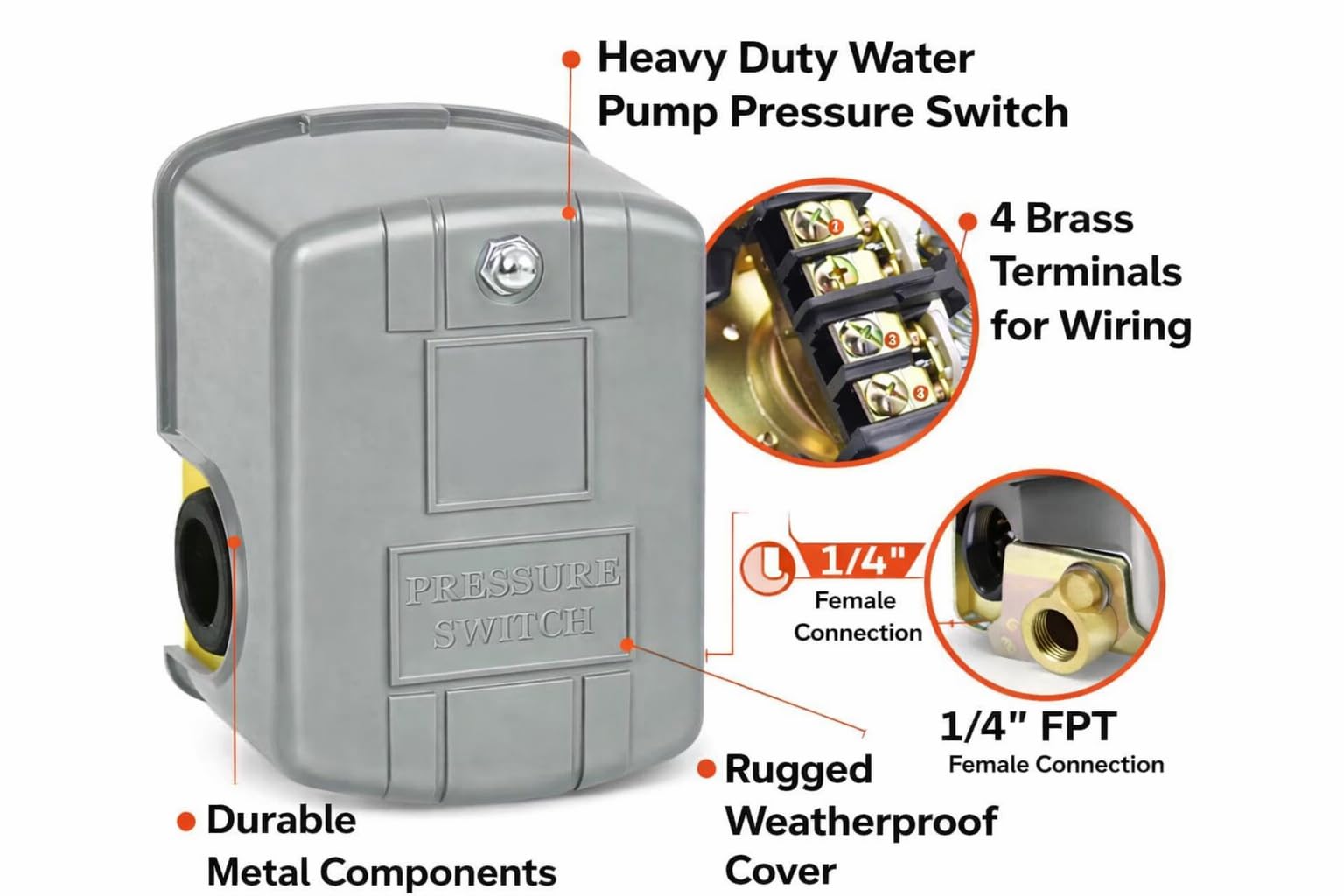 KISAN Heavy-Duty Adjustable Water Pump Pressure Switch – Universal Dual Spring Control for Well Pumps and Air Compressors – 40/60 PSI Pre-Set 3