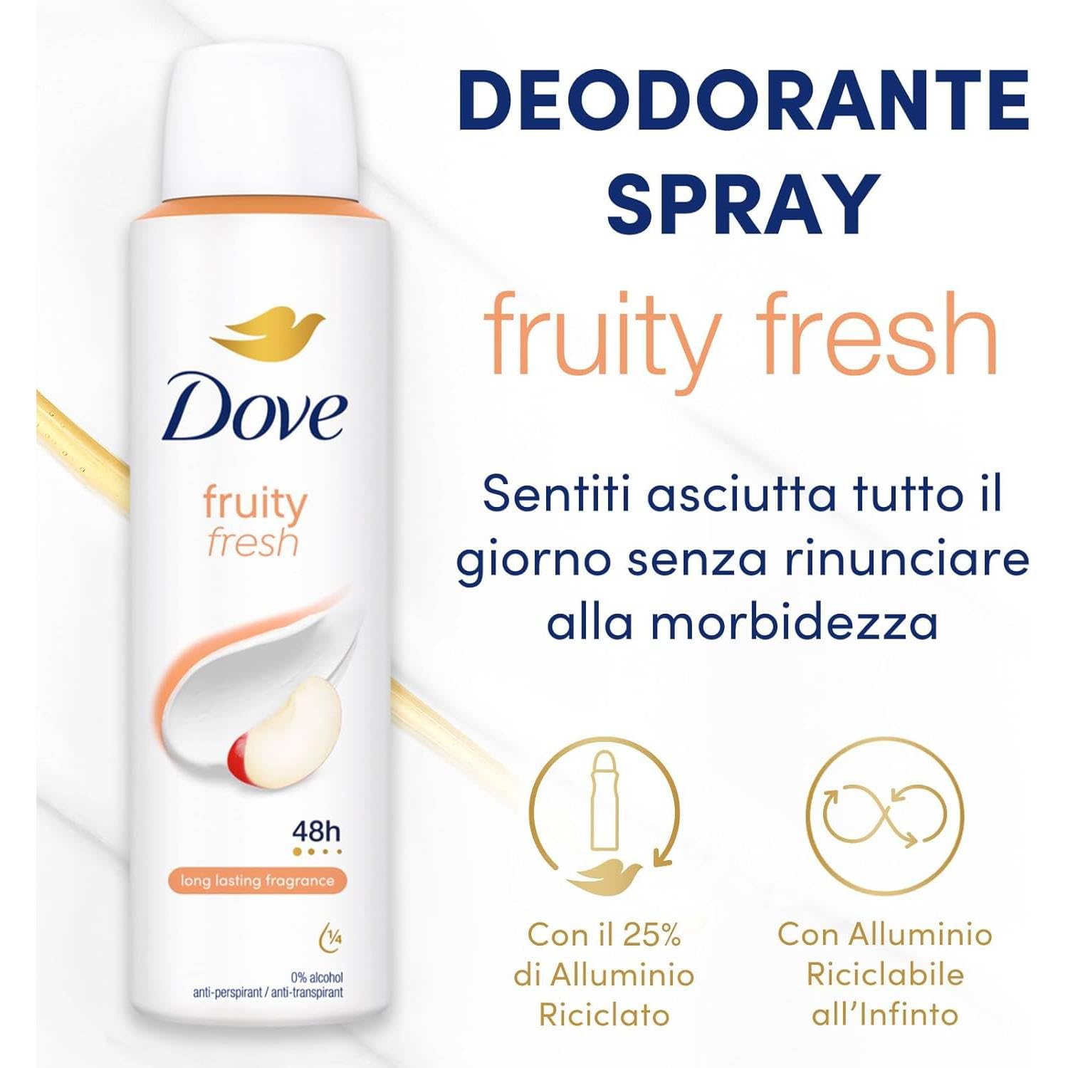 Dove Fruit Fresh Deodorant-Spray, Anti-Transpirant, 48H, ohne Alkohol, mit Feuchtigkeitscreme, fruchtiger Duft, 150 ml (12 Stück)