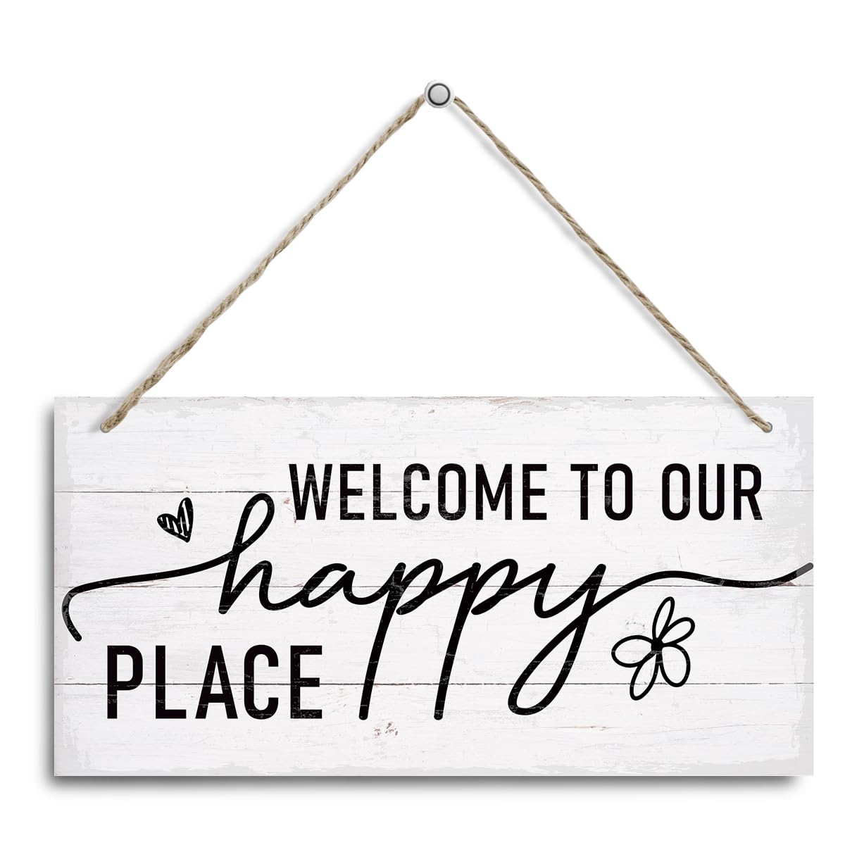 Rustic Welcome Wooden Hanging Sign – Decorative Wall Plaque with “Welcome to Our Happy Place”, Farmhouse Front Door and Porch Decoration, Entryway or
