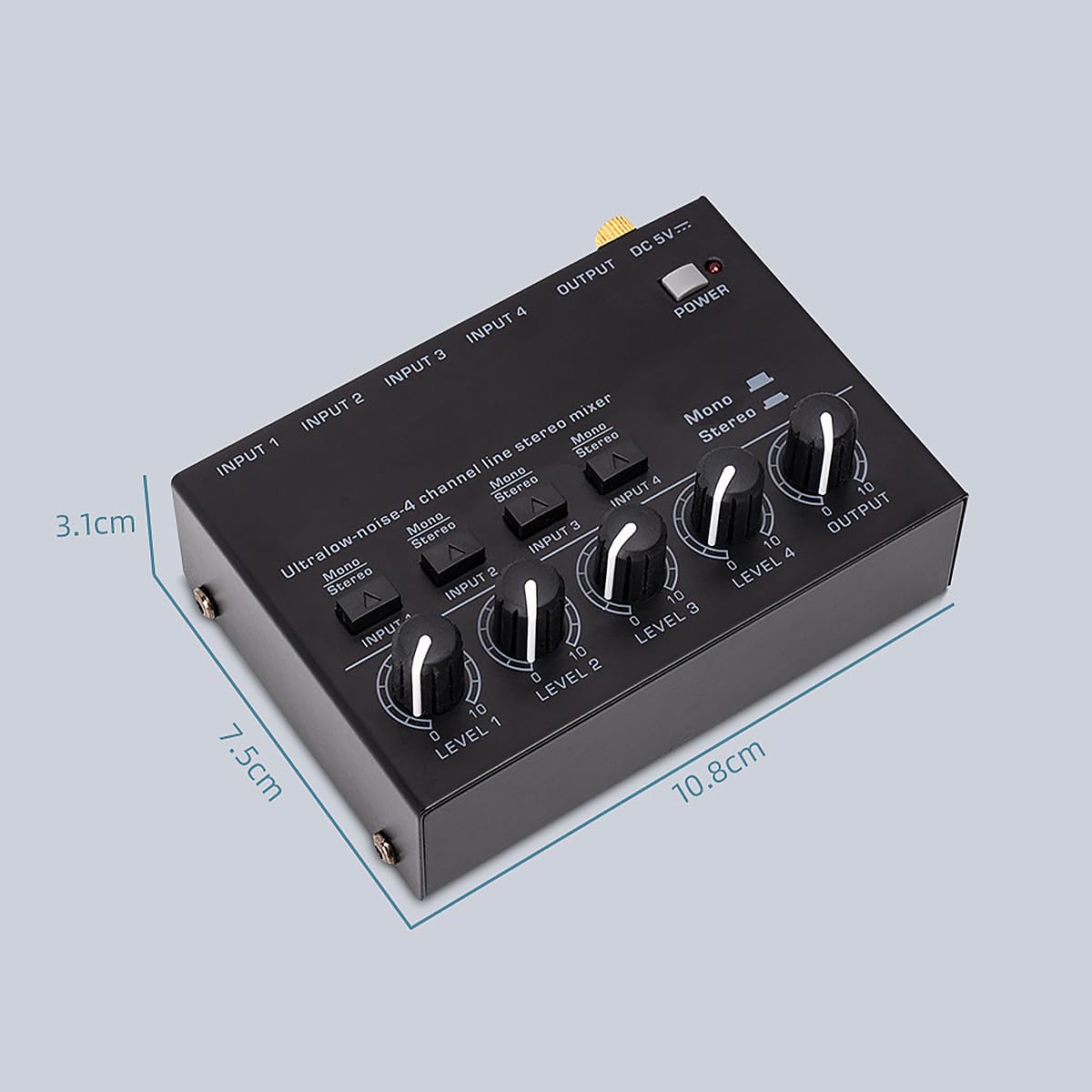 WANGCL 4-K-Audio-Mischer, geräuscharmer Stereo-Audio-Mischer mit separater Lautstärkeregelung, Netzschalter für Mikrofone, Gitarre, Bass, Keyboards, Bühnenmixer