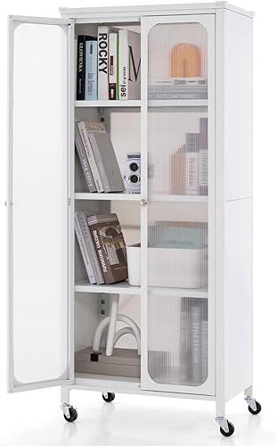 Giantex Estantería con puertas, estantería de 4 niveles de 58 pulgadas de alto con ruedas, estantes ajustables, marco de metal resistente, gabinete