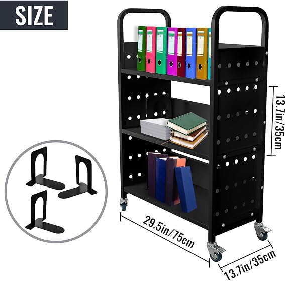 Book Cart, 200LBS 3-Shelf Library Cart, Single Sided V-Shaped Rolling Book Cart with 2 Lockable Wheels for Home Shelves Office School Book Truck, Black