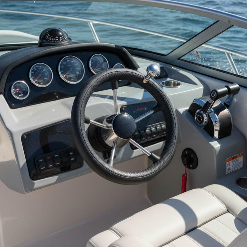 Stainless Steel Steering Wheel with Black PU Foam and Safety Grip, 5 Spoke Steering wheel with Turning Knob and Anti-Slip Destroyer Style for Yachts, Bass and Pontoon Boats (Style A-9108SBFN)