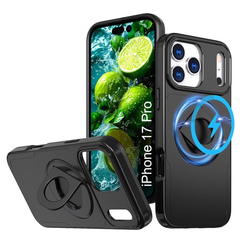LuxuryKase Shockproof Rugged Back Cover for iPhone 17 Pro | Heavy Duty Armor Case | Mag-Safe Compatible | 360° Ring Holder | Finger Ring Kickstand | Drop Protection - Black