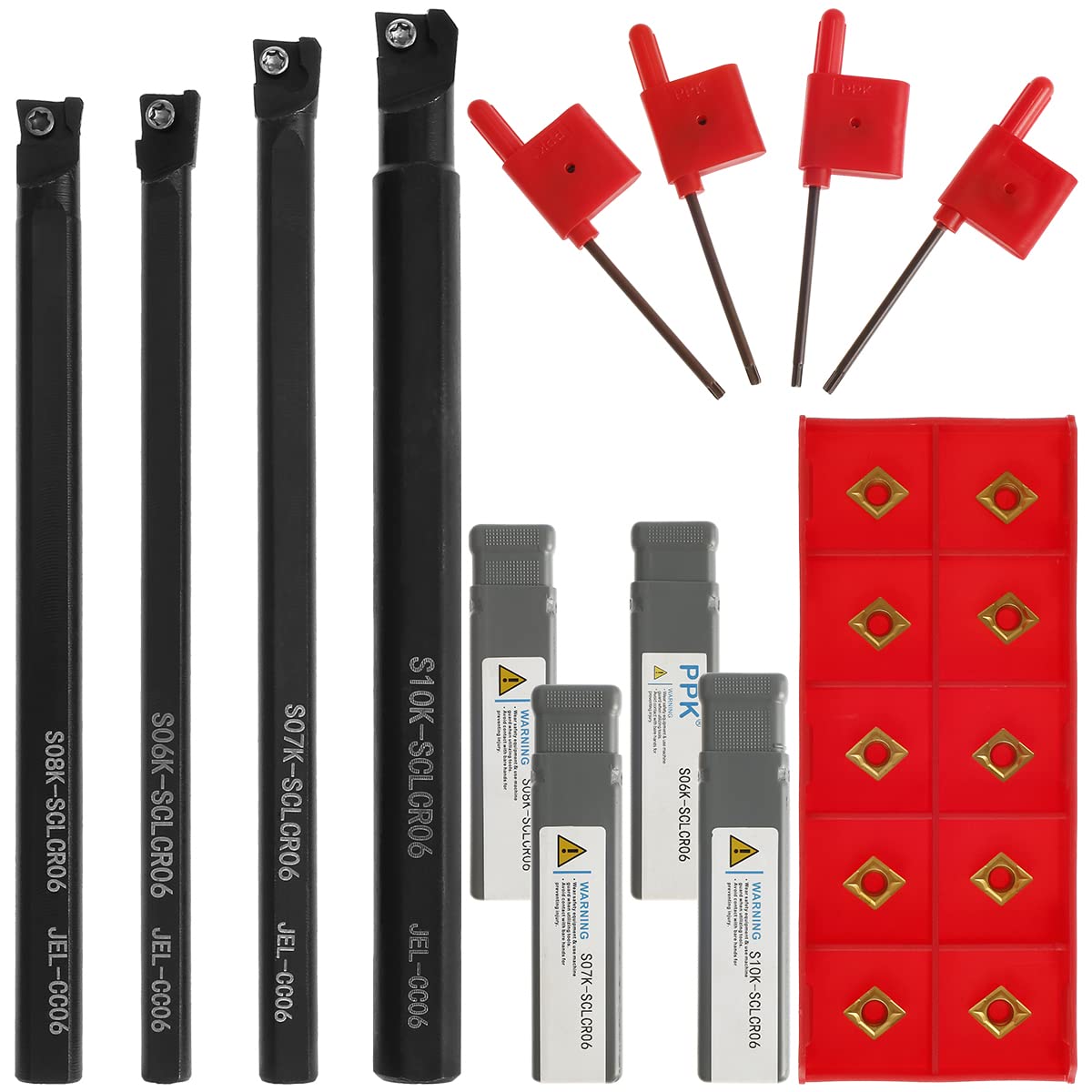 Photo 1 of 14PCS Metal Lathe Tools Mini Metal Lathe Cutting Tools Metal Boring Bar S06k/S07k/S08k/S10k-SCLCR06 4 Sizes Shanks (6/7/8/10mm) with 10pcs Carbide Inserts Ccmt060204 and 4pcs Holders