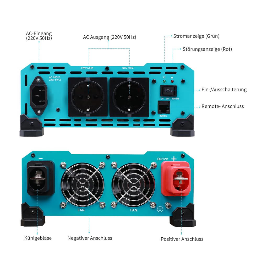 Renogy Inverter sinusoidale puro da 3000 W/6000 W da 12 V a 230 V con priorità di alimentazione, convertitore di tensione da 12 V a 230 V con 2 prese europee per elettrodomestici, camper