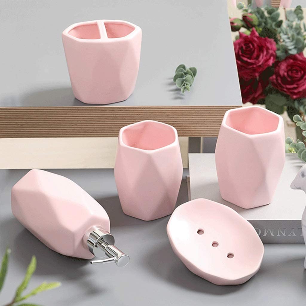 Badezimmer Set Badezimmerzubehör-Set Keramik-Seifenspender, Rund, Badezimmer-Accessoires-Set, 5-teilig, Zahnbürstenhalter, Mundwasserbecher, Seifenschale Badzubehör Set Bad-Accessoires-Set (Color : R