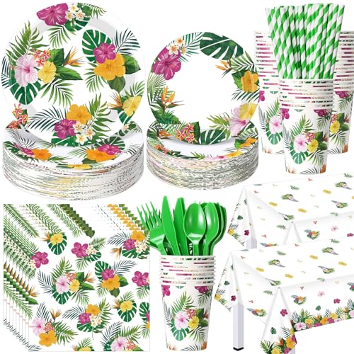 Image of Funnymoom 452 Pcs Hawaiian Luau Party Decoration for 50, Tropical Aloha Paper Plate Napkin Cup Tablecloth Cutlery Palm Leaf Hibiscus Disposable Tableware for Summer Beach Floral Birthday Party Supply
