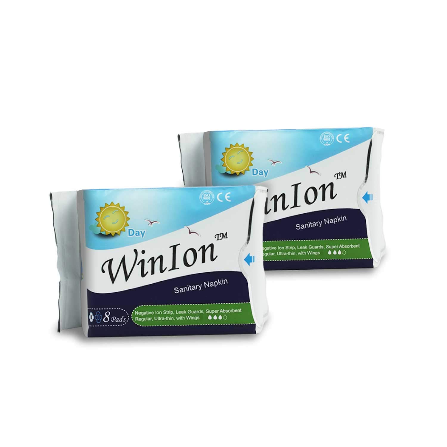 2 Packs Winalite WinIon Day Use (with Wings) Anion Strip Super Absorbent Pad for Women Exp08/2024, Blue