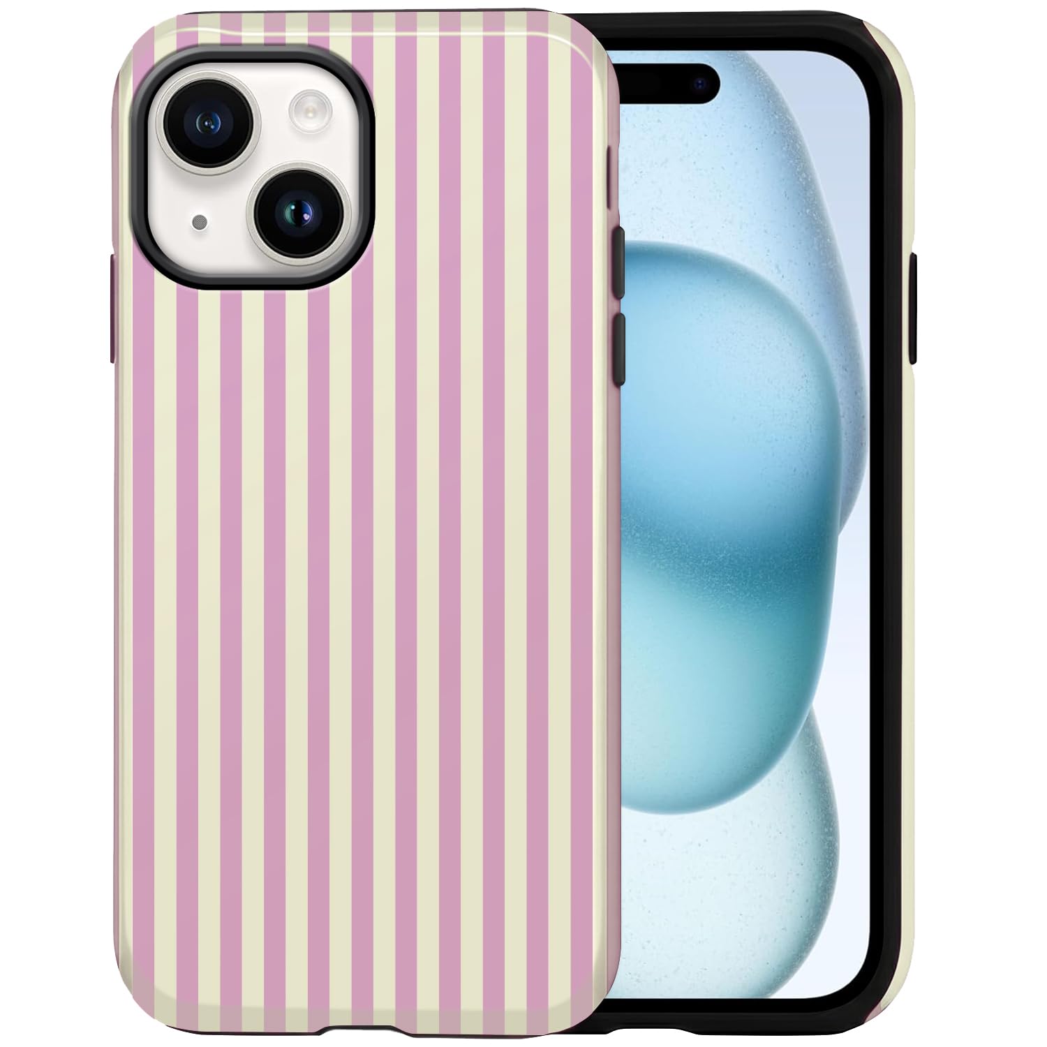 XTCASE Süßes Hülle für iPhone 15 mit Striped Gestreifte Muster, Rosa | Aesthetic Streifen Sommer Handyhülle für Frauen Mädchen, Schön Stilvoll, Doppelter Stoßfest Kratzfest, Hard PC Rückseite Case