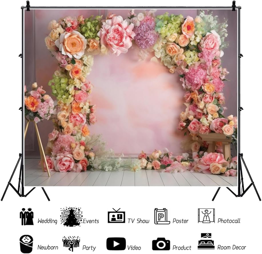DASHAN 10x8ft Flowers Mothers Day Backdrop Bridal Shower Backdrop for Pictures Watercolor Pink Floral Photo Backdrop for Girls Women Bridal Shower Banner Decorations