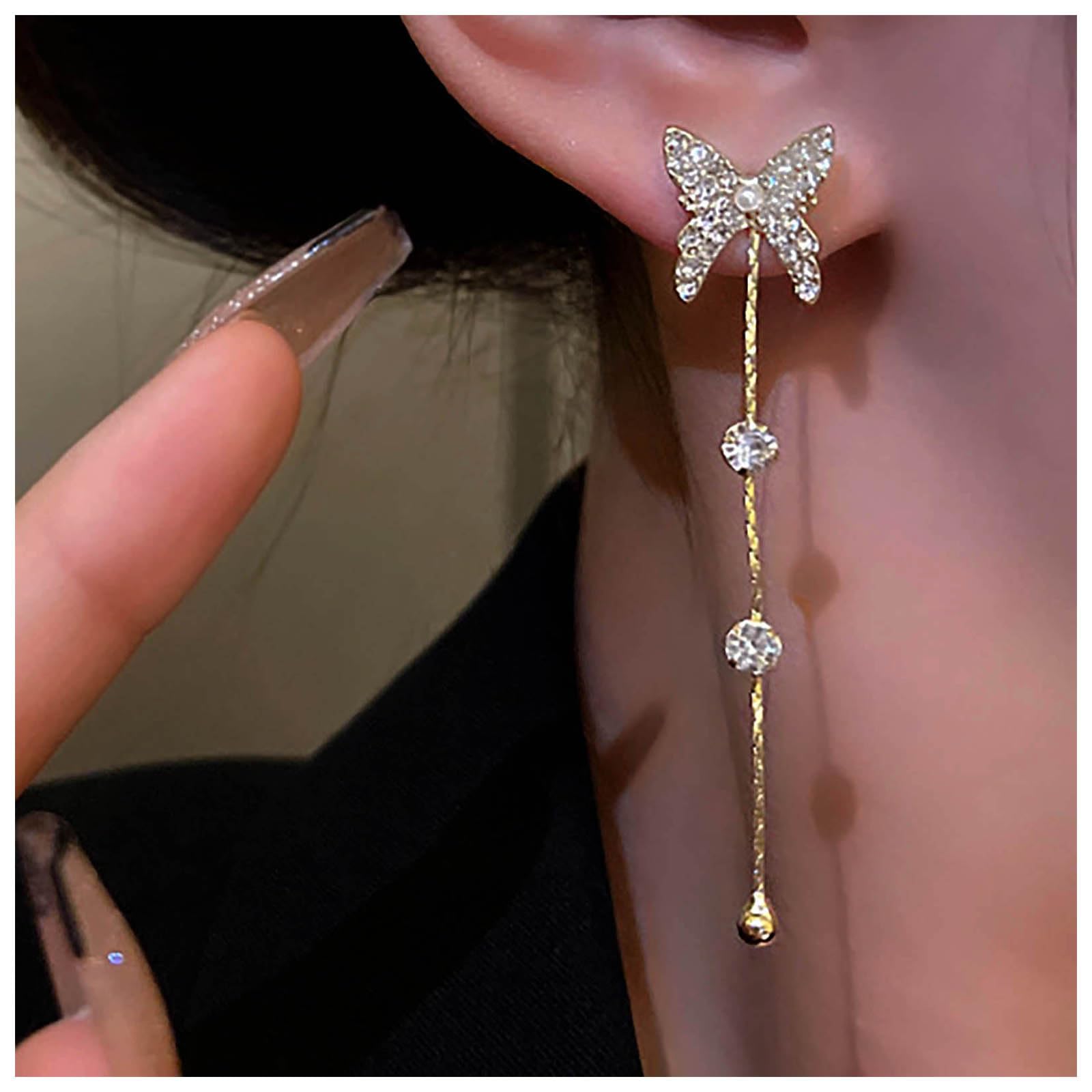Sttiafay Vintage Crystal Butterfly Drop Earrings Long Rhinestone Chain Tassel Earrings Gold Butterfly Cz Chain Earrings Pearl Butterfly Stud Earrings Jewelry for Women