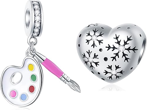 GEMDAZZ Juego de 2 piezas de paleta de artista y pinceles de pintura y dije de corazón de copo de nieve, en plata de ley 925, regalo de Navidad para