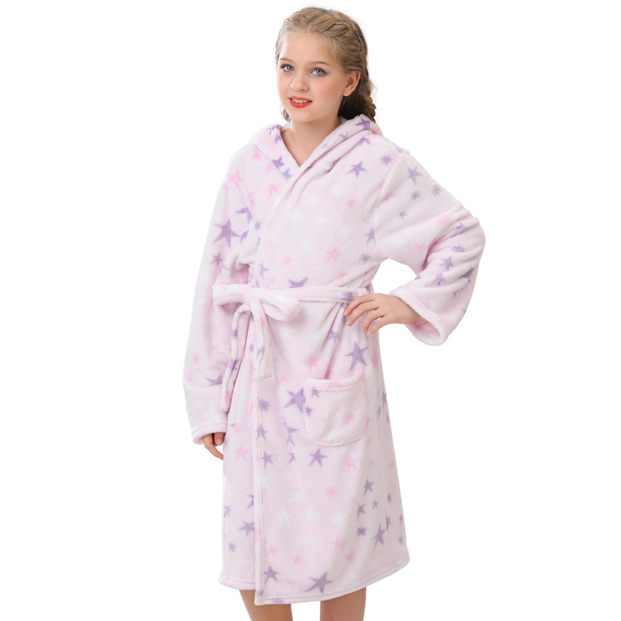 V.&amp;GRIN Girls Fleece Hooded Robe, Soft Unicorn Bathrobe for Kids 5-14 Years
