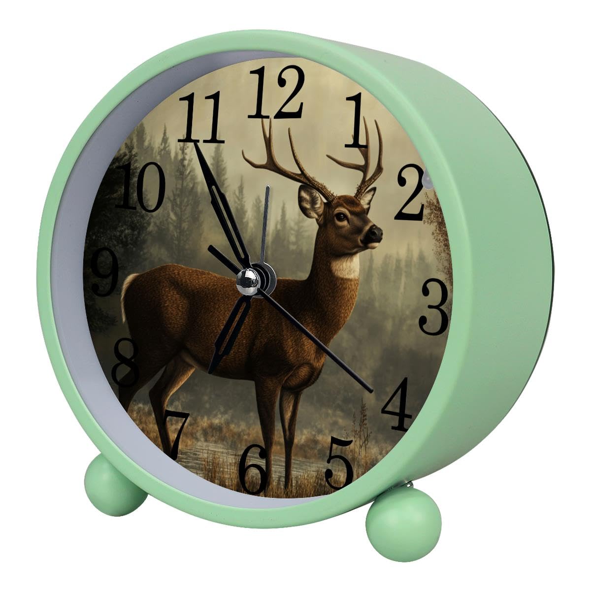 Luoweisi Alarm Clock Forest Deer, Silent Non-Ticking with Night Light, Round Metal Alarm Clock for Office, Battery Operated, Bedroom, Elderly, Adults, Children, Student Gifts